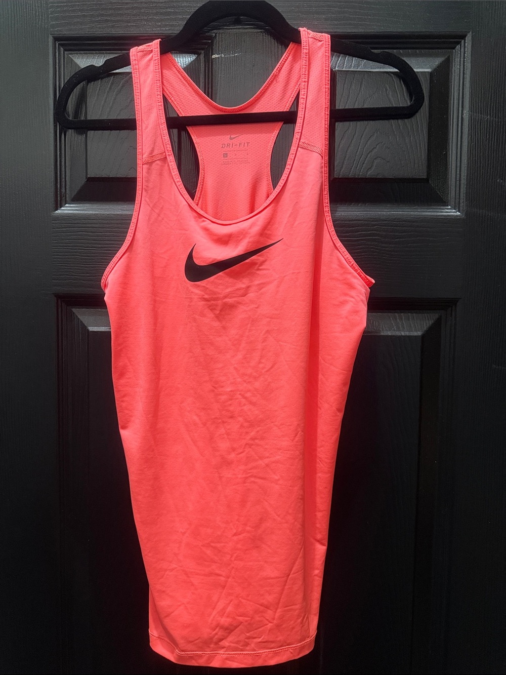 Nike Women's Coral Pink Racerback Dri-FIT Tank with Black Swoosh